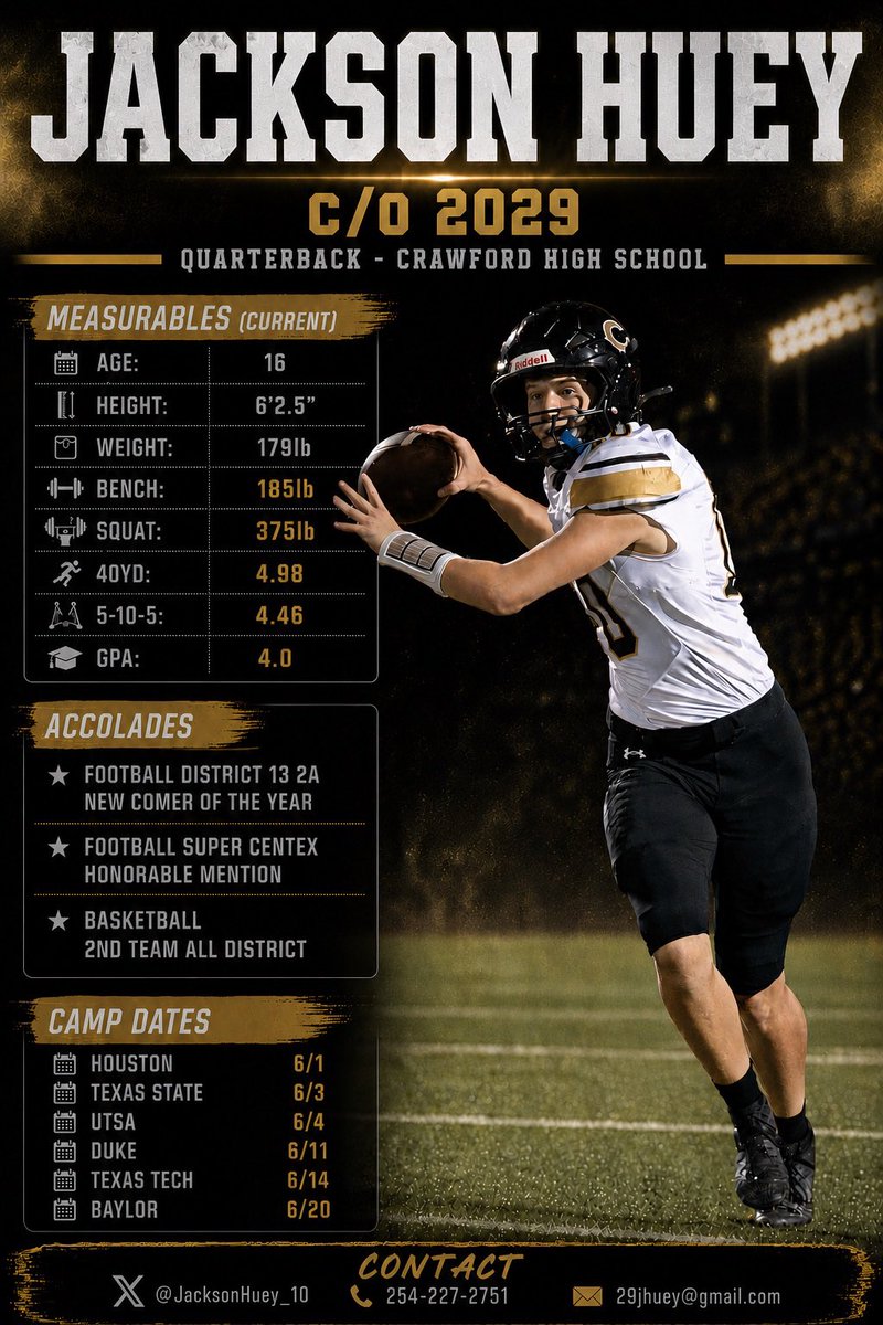 JacksonHuey_10's tweet photo. Thank you @CoachRHolcomb for the camp invite. I can’t wait to get to campus and compete on the 20th. @BUFootball @Chris_Reeves08 @_EliteProspects @QBHitList @UltraPreps @CoachRob4Realz @Smoody2525 @coachjacobs2 @dj_milam @JermaineCarpent @pdeleon0214 @PrepRedzoneTX https://t.co/2WZ9qwFUep