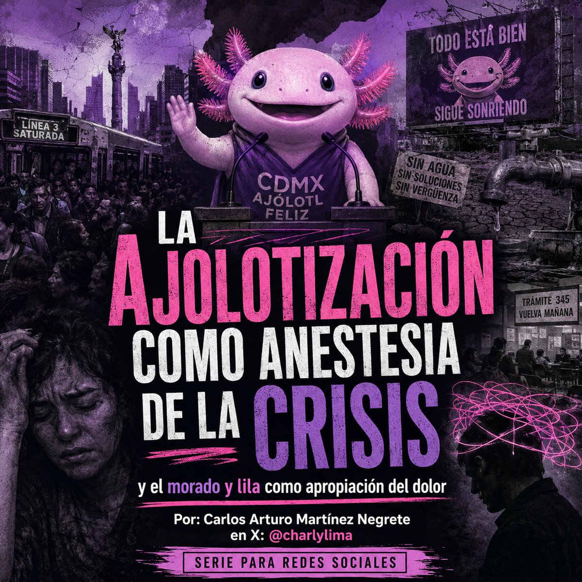 charlylima's tweet photo. Hay una forma muy sutil de violencia política: decorar la crisis.
Cuando una ciudad vive miedo, impunidad, falta de agua, transporte colapsado y trámites inhumanos, el poder tiene dos caminos: resolver o maquillar.
A eso le llamo la ajolotización como anestesia de la crisis. https://t.co/JSVBfWBhCj