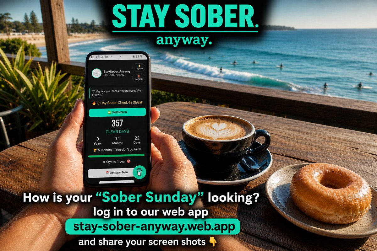 StaysoberAnyway's tweet photo. How's your #SoberSunday? ☕🍩 Celebrate clear days with Stay Sober Anyway! Track, share, inspire. It's free &amp; easy!
1. [https://t.co/lZ5zn2fNoV](https://t.co/ubp6M4BxdN)
2. Start Tracking
3. Google login
4. Set date
5. Share Milestone!
6. Support us ☕
#StaySoberAnyway #Sobriety https://t.co/yhgIzNPewY