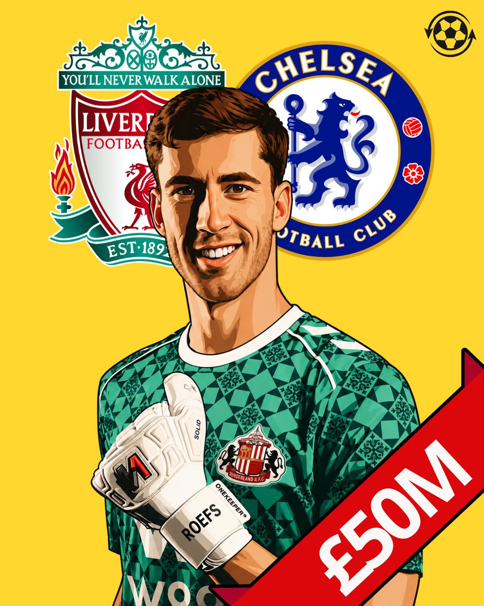 DeadlineDayLive's tweet photo. 🚨 Chelsea and Liverpool are both tracking Sunderland goalkeeper Robin Roefs after his impressive debut season in England. 🧤👀

Liverpool view the 23-year-old as a potential long-term successor to Alisson, while Xabi Alonso is considering him as Chelsea’s new No.1 ahead of a possible move away from Robert Sánchez. 💰

Roefs is currently valued at around £50M after arriving from NEC Nijmegen for just £9M last summer. 🇳🇱

(Source: The Sun)
