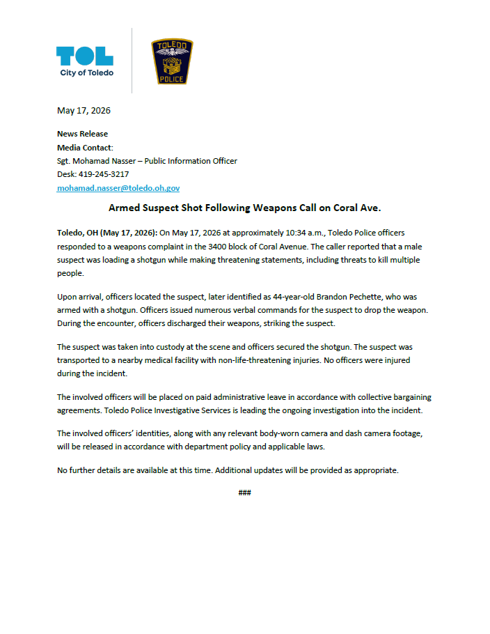 Armed Suspect Shot Following Weapons Call on Coral Ave. Toledo, OH (May ...