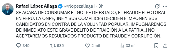 jgutierrezf's tweet photo. Rafael López Aliaga sostiene que el proceso electoral adolece de irregularidades y actos de fraude, por lo que considera que los resultados carecen de legitimidad y que se habría producido una grave afectación del orden constitucional y democrático. En tal sentido, ha expresado su decisión de impugnar los resultados electorales, al estimar que estos serían consecuencia de actos de fraude y corrupción. Sin perjuicio de ello, dicha posición no sería compartida por los demás miembros de su organización política, incluidos sus aliados, quienes reconocen la validez de los resultados y la legalidad del proceso electoral en su integridad, aceptando, en consecuencia, su proclamación y elección como diputados y senadores. #EleccionesPerú2026