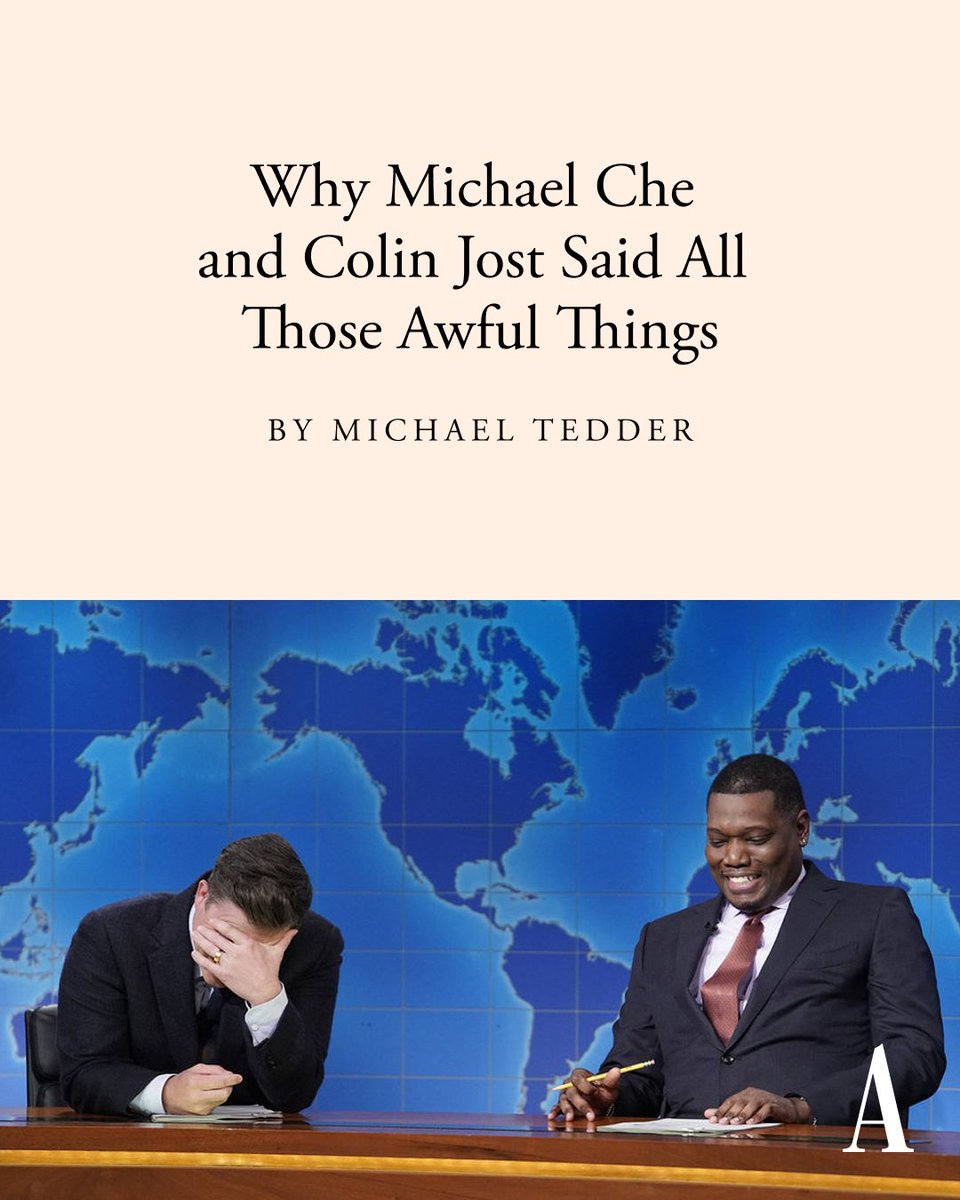 TheAtlantic's tweet photo. Colin Jost and Michal Che’s “Weekend Update” joke swap works because of the sheer shock value, but also because it’s strangely sweet, @mtedder argues: https://t.co/bxU3T8jzLA https://t.co/vKfYJD12ST