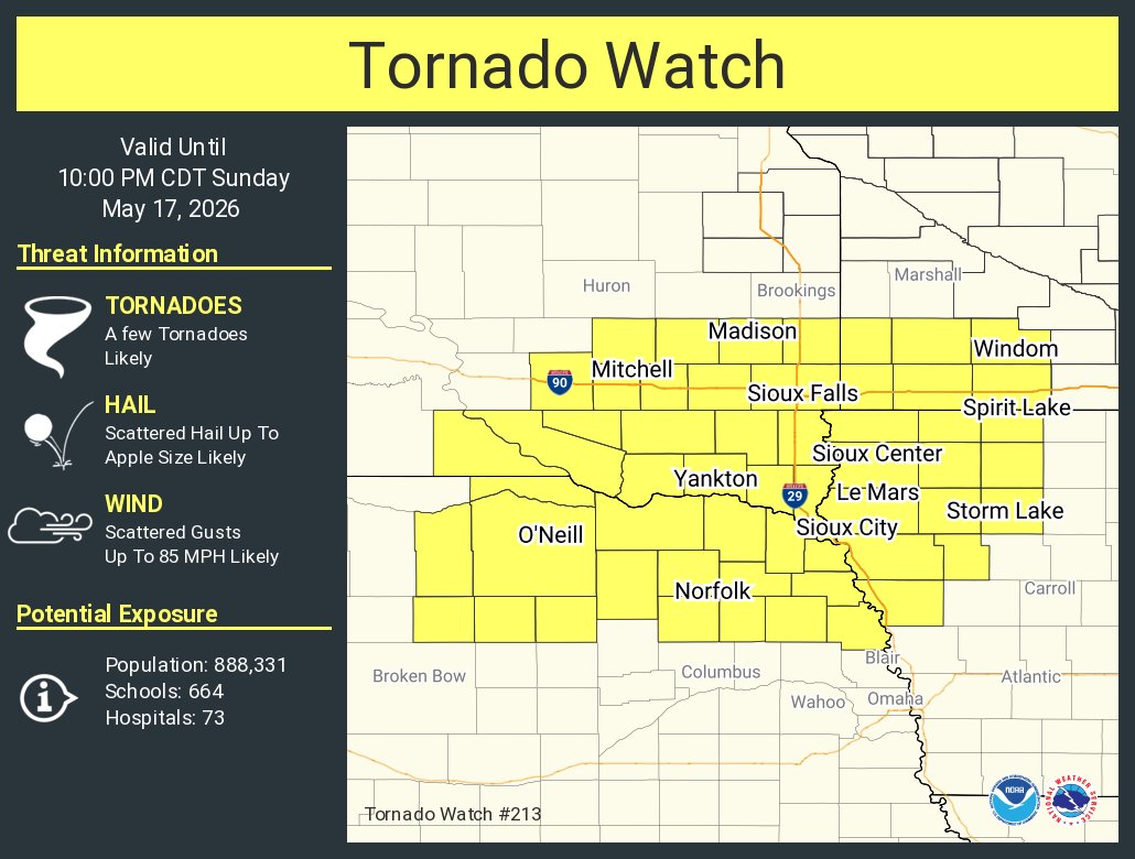 NWSSiouxFalls's tweet photo. A tornado watch has been issued for parts of Iowa, Minnesota, Nebraska and South Dakota until 10 PM CDT https://t.co/ezP0ZKfC8y