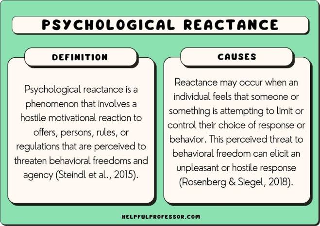 BdMhmd51827's tweet photo. DAY 83

REACTANCE 

Reactance can occur when an individual senses that someone is trying to compel them to do something; often the individual will offer resistance and attempt to extricate themselves from the situation.

#REACTANCE #PSYCHOLOGY https://t.co/M6yqJldwNh