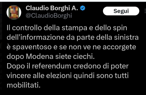 UGirovago77000's tweet photo. Hanno i giornali di Angelucci,il Secolo d'Italia,3 reti Mediaset ,hanno occupato la RAI ma per @ClaudioBorghi la sinistra controlla l'informazione.
Le consiglio di farsi una visita di controllo da uno bravo. https://t.co/ABDKIKBC9u