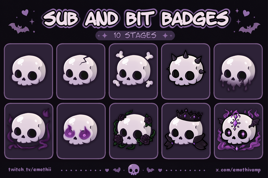 Emothivamp's tweet photo. I have created a set of 10 bit/sub badges of skulls if anyone is interested! 

They are available on kofi and vgen! However, Kofi is the only one that has custom color option available at the moment! My Vgen will soon have that!

Links are below!!

#twitch #vgen #twitchbadges https://t.co/YJkVZArVSR