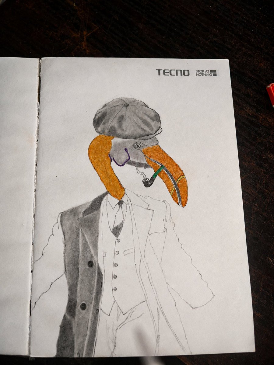 Ugoeze_740's tweet photo. This is my entry for the @thebeaksart contest.

> I wanna acknowledge all other contestants and the beaks art for giving me an opportunity to participate in an art work blending 20+ years of pointillism, graffiti & illustration in one art, representing the artist @DKashtalyan in his own Universe.

> art is not just about the painting but the story behind the painting.

In this first chapter, my beak character is themed from my favourite TV show, peaky blinders.

I present to you 
BEAKY BLINDERS––an interpretation of beaks art in my own style.

> 30+ hours of painting in detail 
Beaky blinders  figure wears a detailed, gray, three-piece suit.

> This attire includes a heavy overcoat, a buttoned waistcoat, a white collared shirt, and a red tie.

> A gray flat cap sits low on the head .

> The long, orange neck and large beak of the toucan provide the primary colour contrast against the monochrome clothing.

> A black smoking pipe rests in the beak, with small curls of smoke rising from the bowl. 

> The drawing uses fine graphite shading to create texture on the fabric, while vibrant coloured pencils highlight the biological features 

I'm glad i could express myself in this media