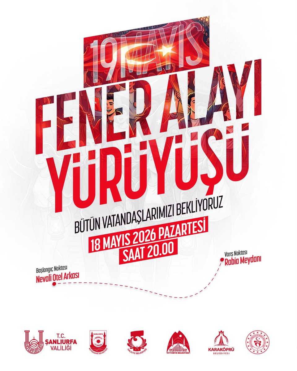 Karakoprubel's tweet photo. 19 Mayıs coşkusunu Şanlıurfa’da hep birlikte yaşamaya hazır mısınız?

19 Mayıs Atatürk'ü Anma, Gençlik ve Spor Bayramı etkinlikleri kapsamında düzenlenecek olan Fener Alayı Yürüyüşü'nde ay-yıldızlı bayraklarımız ve meşalelerimizle tek yürek oluyoruz.

​Tüm hemşehrilerimizi bu güzel yürüyüşe, bayram coşkumuza ortak olmaya bekliyoruz. 

​🗓️ 18 Mayıs 2026 Pazartesi 
🕗 20.00
📍 Başlangıç Noktası: Nevali Otel Arkası
🏁 Varış Noktası: Rabia Meydanı