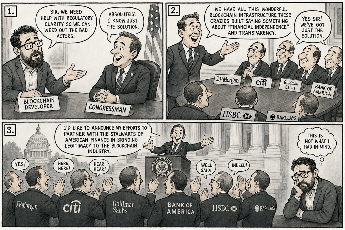 hayesdata's tweet photo. After a decade in crypto, I’m starting to fear “regulatory clarity” just means replacing current grifters with bigger grifters.

Some of us really are in it for the tech and the radical transparency possible with it. https://t.co/jzWwfBH52E