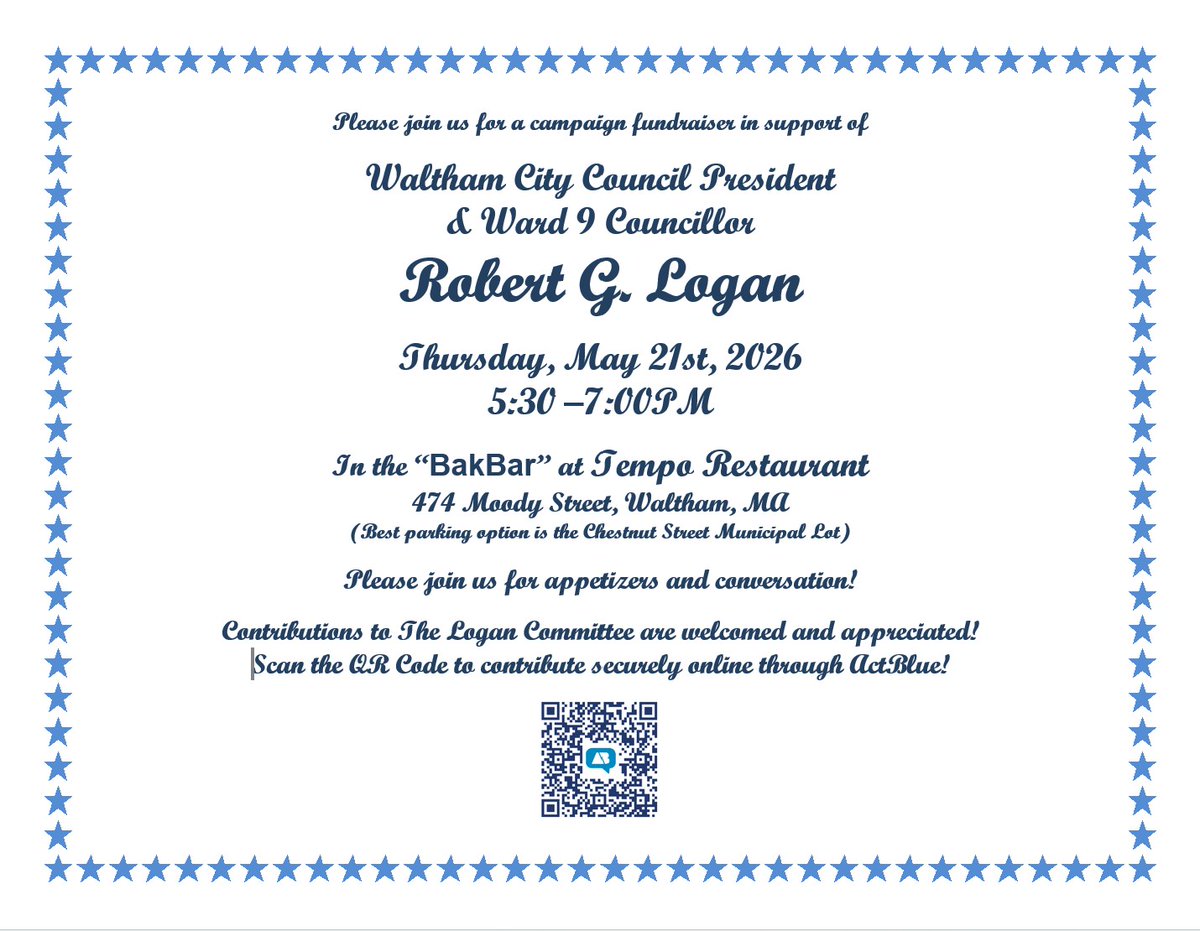 Logan4Ward9's tweet photo. THIS THURSDAY!!! The Committee to Reelect Logan will be holding an informal reception and fundraiser in the BakBar at Tempo Restaurant this Thursday, May 21st, 2026 at 5:30pm. You can contribute by check or online by scanning the QR Code in the image below, or pay at the door. https://t.co/O1zsD5khBq