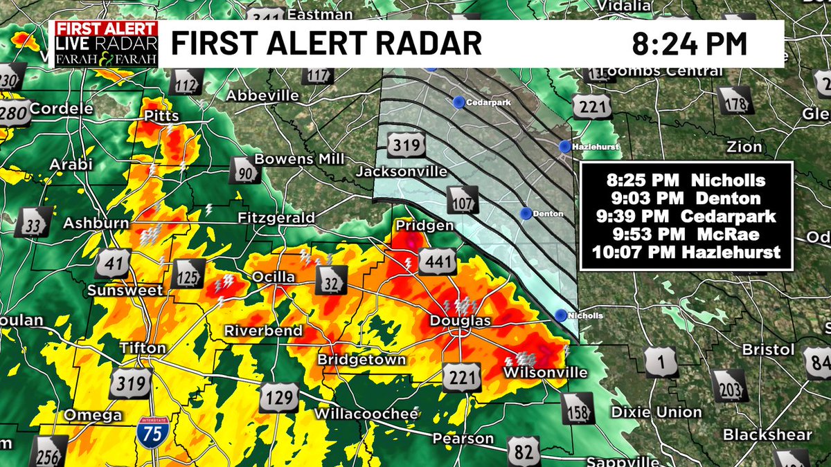WtocDave's tweet photo. Heads up Denton and Hazlehurst!  Strong thunderstorm over Douglas and Nicholls now is heading your way.  Wind gusts to 55mph and small hail possible. https://t.co/ZuuqfSMPEK