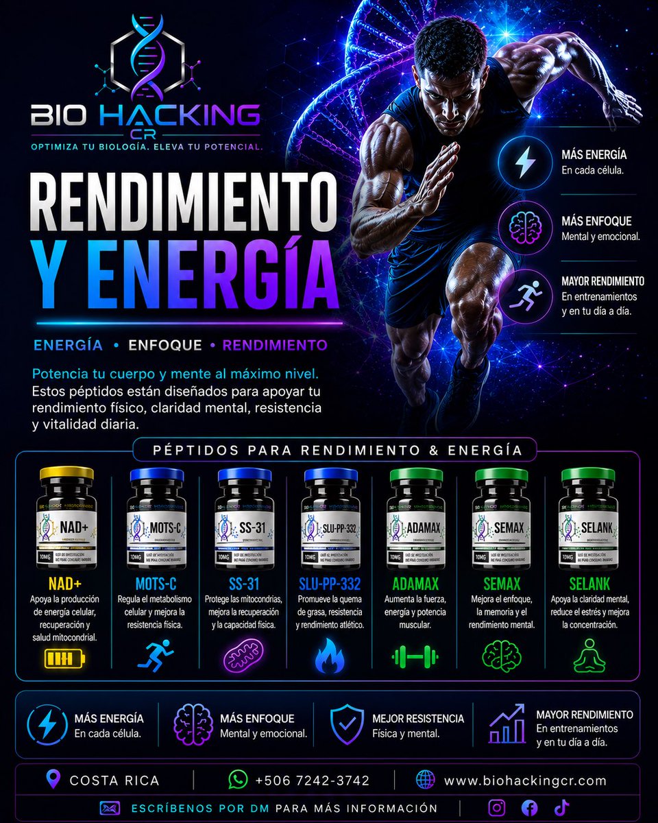Biohackingcr's tweet photo. Tu cuerpo necesita más que solo motivación.  
Necesita energía celular, enfoque mental y recuperación inteligente para rendir al máximo. 💪  
Optimiza tu biología. Eleva tu potencial.  
📍Costa Rica  
🌐 https://t.co/Y6Dwb8nrXm  
📲 WhatsApp: +506 7242-3742
#Peptidos #SaludCR https://t.co/x0lFbIj85S