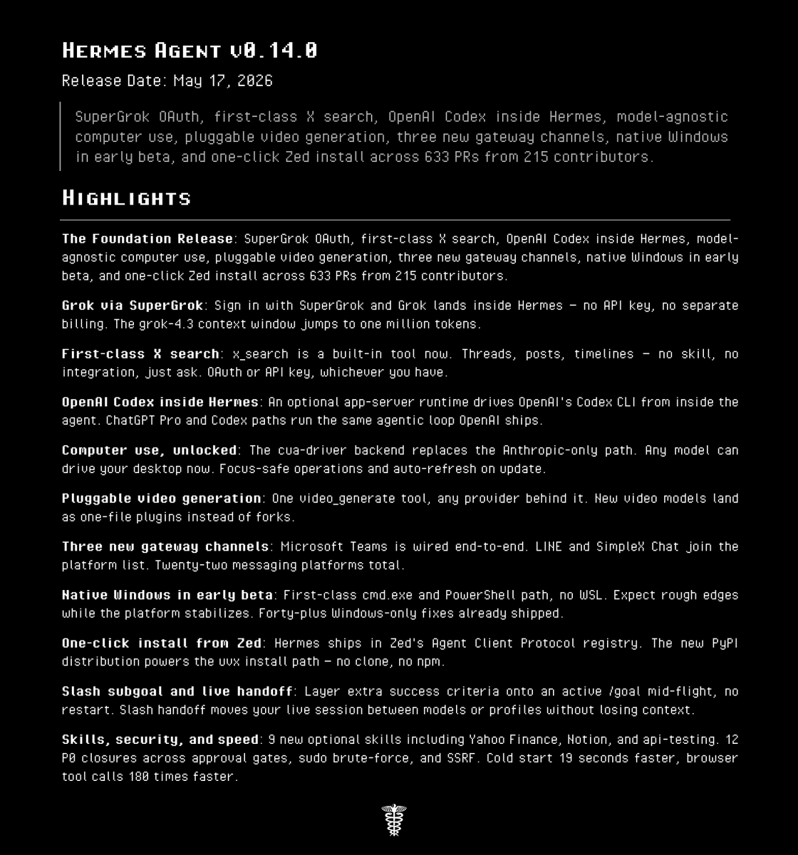 NousResearch's tweet photo. Full Release Notes: 
https://t.co/OQWQ5QpDHm

To update, run: 'hermes update' https://t.co/ZZm47L2ybf