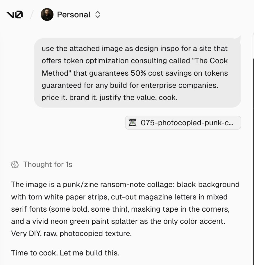 v0jon's tweet photo. @rauchg -  v0 should have a separate “Inspo” image slot.

Not to recreate the image. To absorb its taste.

Image prompting is one of the best ways to make sites feel genuinely original. 

Feels bigger than https://t.co/suGFF13okF long term. 

The prompt, inspo image & output site are attached. 

The site was $1.04 to generate and was made in a single prompt.