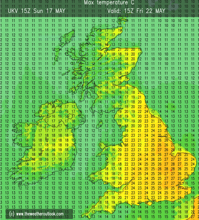 GavinPartridge's tweet photo. Who's ready for some Summer heat? Latest Hi-Res UKV suggests temperatures could reach 28C (82F) on Friday! #HereWeGo 🔥 https://t.co/dfuCpM0K21