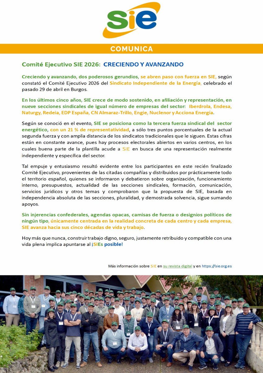 SIE_Redeia's tweet photo. Compartimos con vosotr@s el comunicado del Comité Ejecutivo del 2026 celebrado el pasado 29 de abril en Burgos.

Del cual destacamos, entre otros temas, que “SIE se posiciona como la tercera fuerza sindical del sector energético, con un 21% de representatividad” 💪 https://t.co/etBi7AB1u9