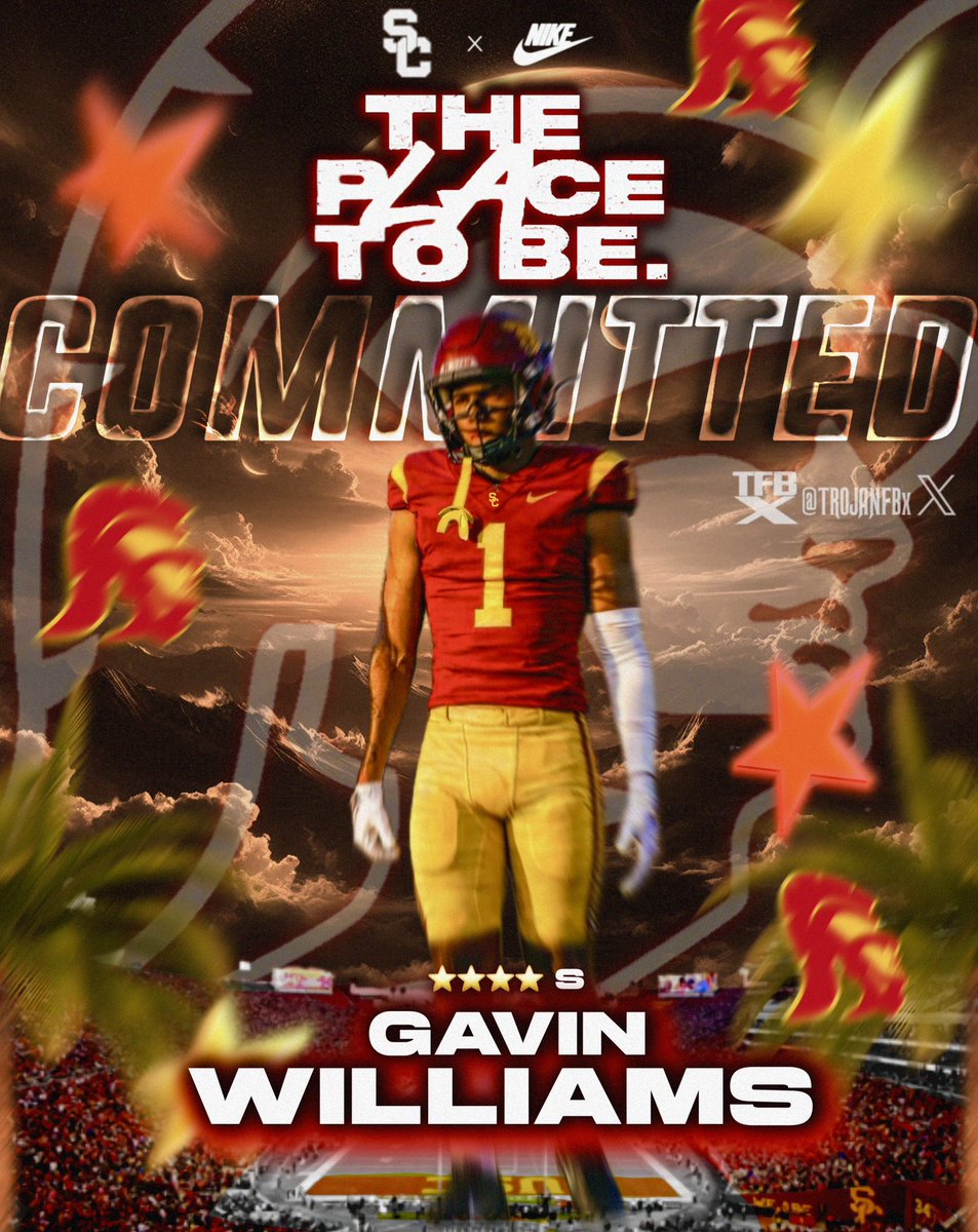 TrojanFBx's tweet photo. COMMITTED!! Highly sought after 4-star Safety, Gavin Williams, from La Verne, Ca commits to USC ⚔️

Williams chose USC over Notre Dame, UCLA and Washington.

“It's a defense I want to play in, for sure. It's a defense based around the safety position and [coach Patterson] thinks I can play anywhere." @gavinnwill