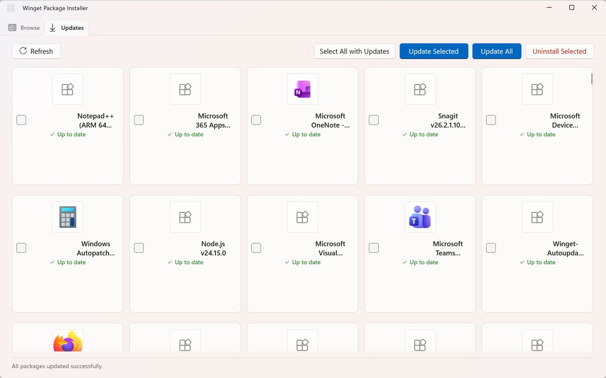 Same Winget app showing update and uninstall controls for installed packages
