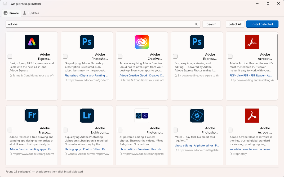 Windows ARM Winget app built with Copilot, showing package search and install options in a native desktop UI