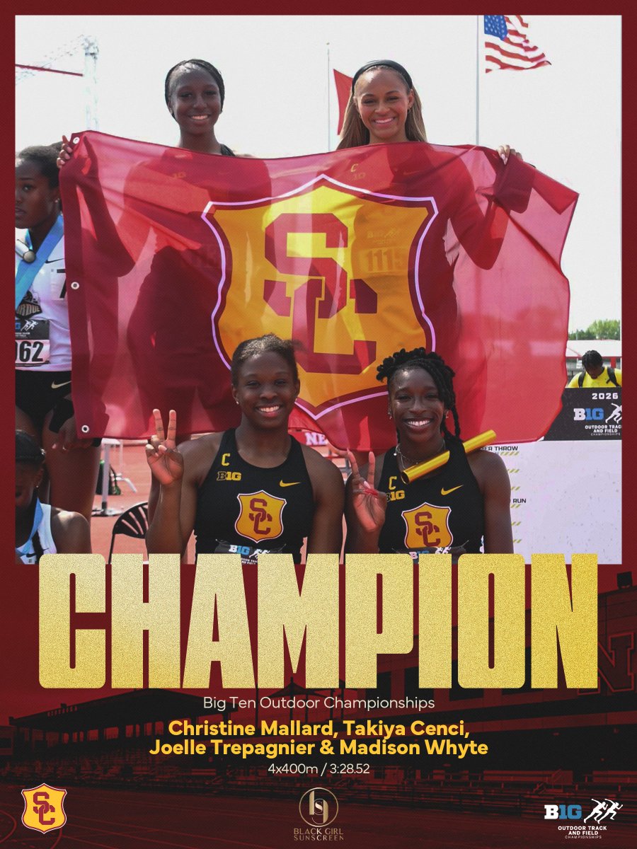 USC_Track_Field's tweet photo. Back-to-back Big Ten women's 4x400 champs 🏆

@BlkGrlSunscreen https://t.co/x04YvQzPTj
