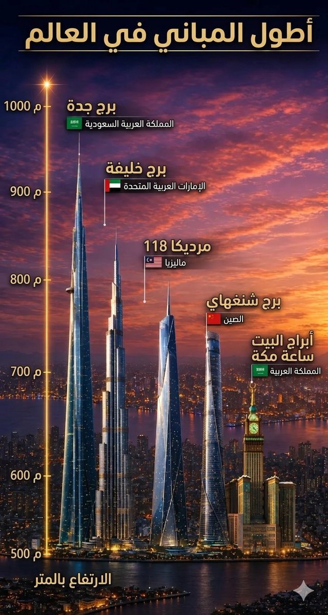 mlqbnmmd3's tweet photo. اطول المباني في العالم 🤯!

1- برج جدة الارتفاع 1000 م 
2- برج خليفة الارتفاع 828 م
3- مرديكا 118 الارتفاع 678.9 م
4- برج شنغهاي الارتفاع: 632 م
5- أبراج البيت ساعة مكة الارتفاع 601 م https://t.co/K8ET0fMKHu