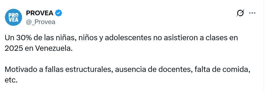 ReporteYa's tweet photo. #17May #InformeProvea #PeriodismoQueResiste
@_Provea denunció que un 30% de los niños y adolescentes en Venezuela no asistió regularmente a clases en el 2025, debido a fallas estructurales, ausencia de docentes y falta de alimentación escolar - @ImpactoVE https://t.co/osNSjGgjST