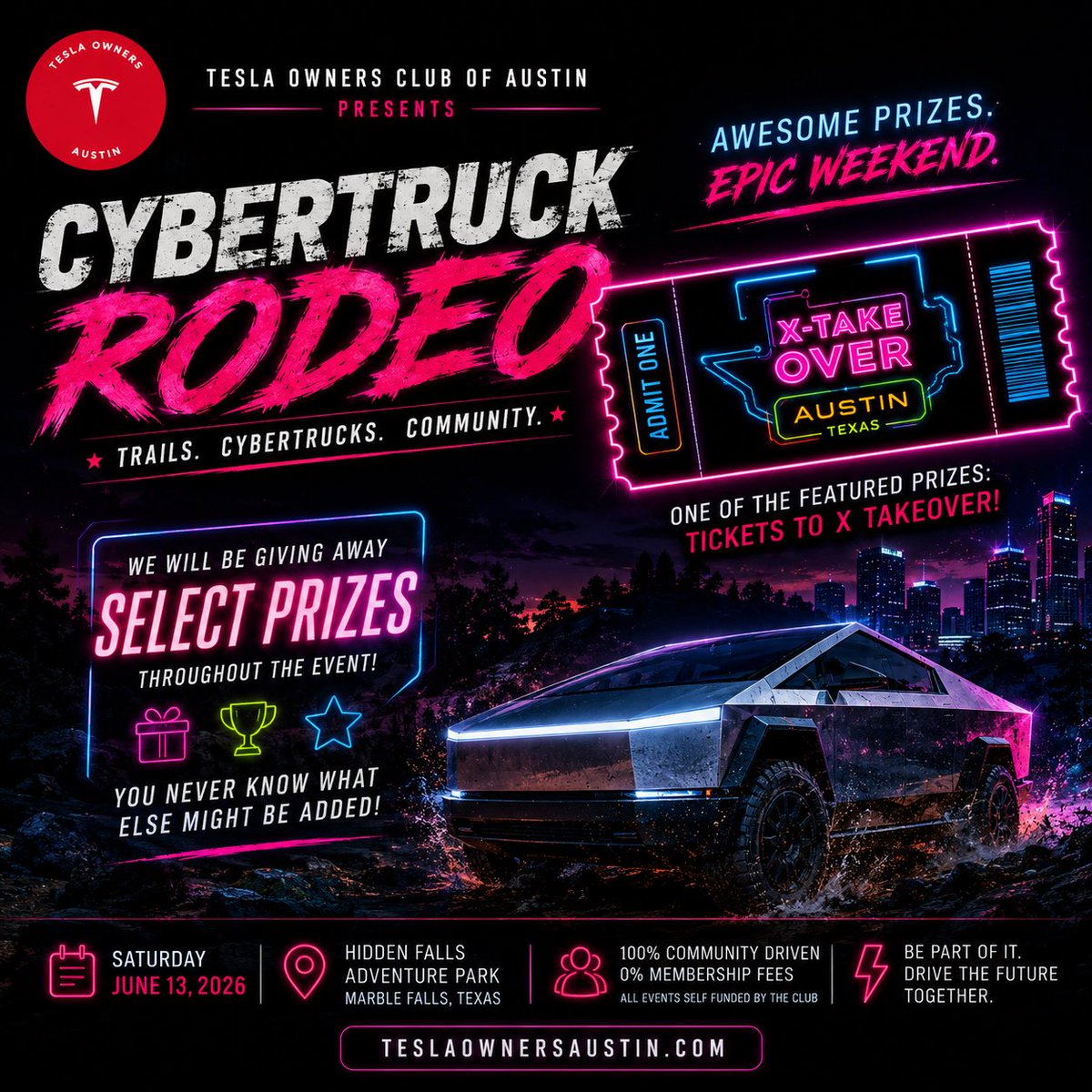 AustinTeslaClub's tweet photo. More reasons to join us at Cybertruck Rodeo.

We will be giving away select prizes throughout the event and one of the featured giveaways includes tickets to X-Takeover.

Come experience the trails, Cybertrucks, community, food, sponsors, and your chance to walk away with something awesome.

You never know what else may be added before event day.

Get your tickets and join us: https://t.co/TWPgm2j44K

#CybertruckRodeo #Cybertruck #XTakeover #Tesla #TeslaOwnersClubAustin #TeslaCommunity #AustinTexas #HiddenFallsAdventurePark #TeslaLife #EVCommunity #TexasEvents @theXtakeover @Tesla @teslaownersSV @mayemusk @elonmusk