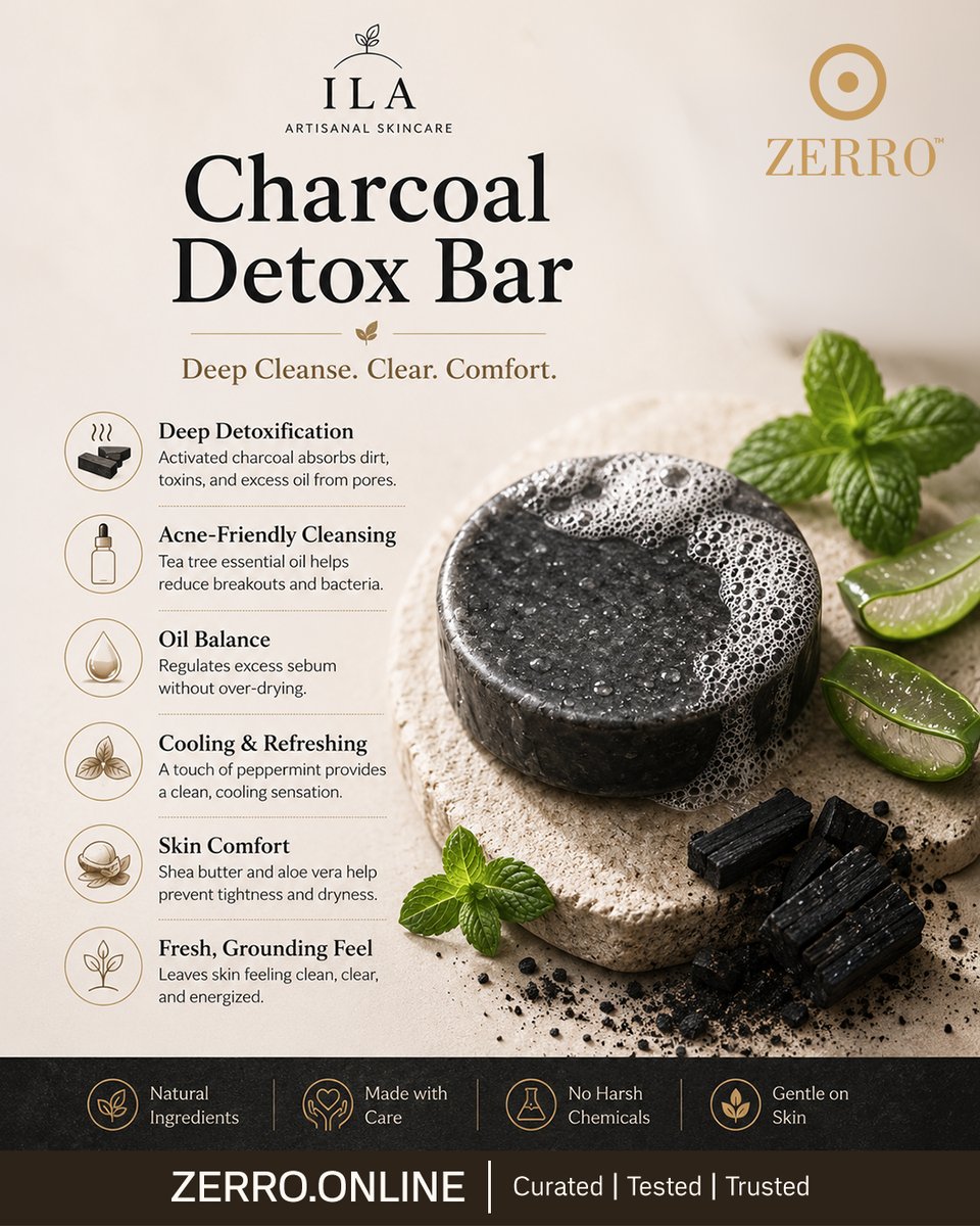 contactzerro's tweet photo. Our ILA Charcoal  Detox Bar is more than just a soap; it's a gentle ritual crafted with  activated charcoal to draw out impurities and leave your skin feeling  calm, revitalized, and ready to breathe. #ILASkincare #CharcoalDetox #ArtisanalSkincare #DeepCleansing #NaturalSkincare https://t.co/zUiwNFX3fU