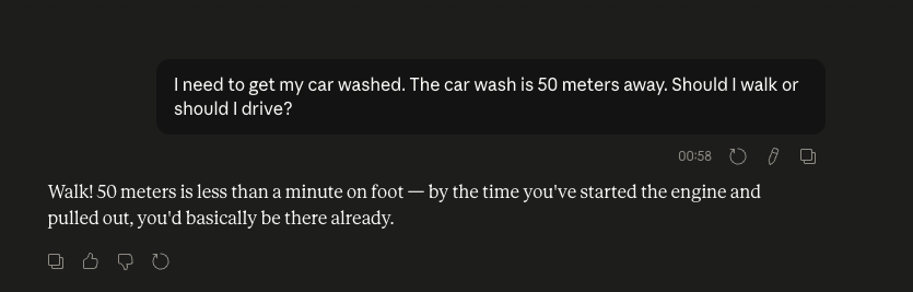 marekmensa's tweet photo. The @karpathy's "car wash" prompt revealing the jaggedness of AI models still works and I found a simple solution: Let another agent watch the given conversation and point at absurd checkpoints.

What if there was a constant watcher correcting these occurences even in less obvious situations during the day?