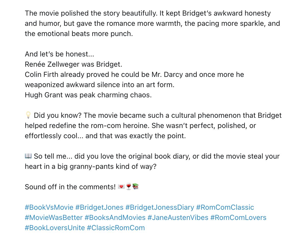 _EmberFlint's tweet photo. Bridget Jones’s Diary(2001) is, in my opinion, one of those rare cases where the movie didn’t just adapt the book... it became the version many people remember most fondly.
Continue reading in pics below...

🎬📚Wait?! The Movie Was Better?!🎬📚

#MovieWasBetter #JaneAustenVibes https://t.co/6uspFzIida