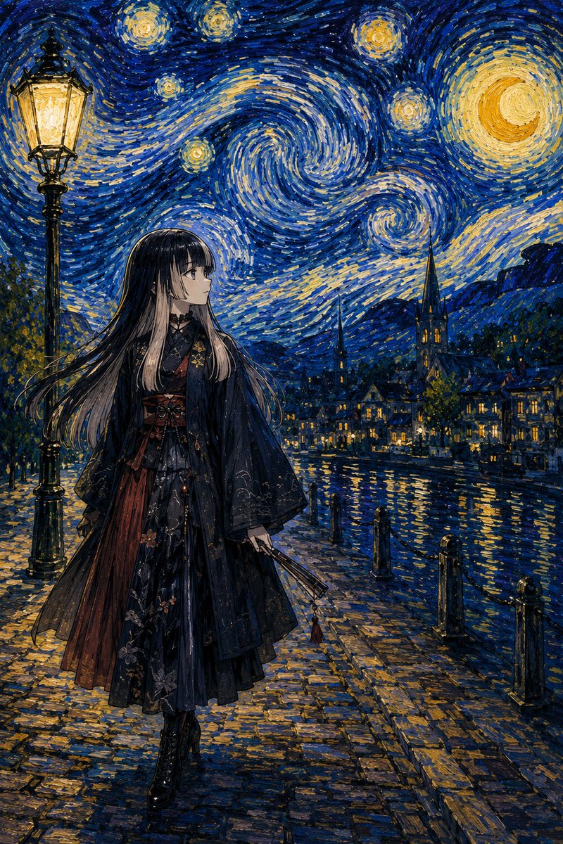 らでん美術散策 001 《星月夜の帰り道》 渦巻く夜空と、静かな視線