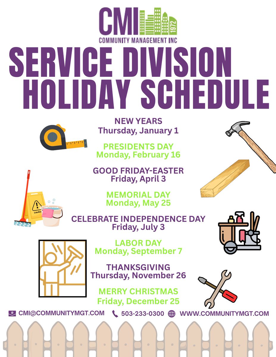 CommMgtInc's tweet photo. To maintain uninterrupted service for your community, please be advised that our Service Division operates on a distinct holiday schedule. Should you require coverage during our absence, do not hesitate to contact our Service Division at 503-233-0300 to arrange assistance. 

#ServiceDivision #HolidaySchedule #SDSchedule2026 #WeGotYouCovered #CaringForYourCommunity #CMI #CommunityManagementInc