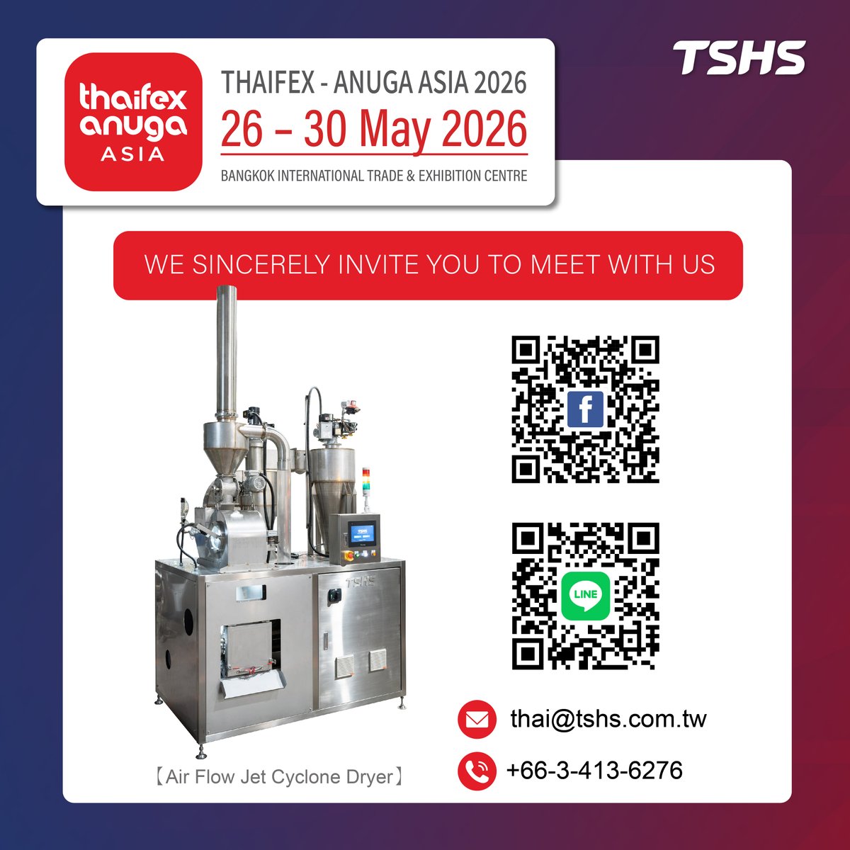 TshsFoodMachine's tweet photo. 🔥THAIFEX 2026 is coming soon! 
We will showcase:
▪ Cyclone Airflow Dryer
▪ Seasoning Equipment
💡We also provide:
✔ Local trial services
✔ FRYIN-201 fryer rental
✔ Process planning support

📅 May 26–30, 2026
📍 IMPACT Exhibition Center, Bangkok
📌 HALL 1 / 1-ZZ13
#THAIFEX https://t.co/mAVyvnAN8b