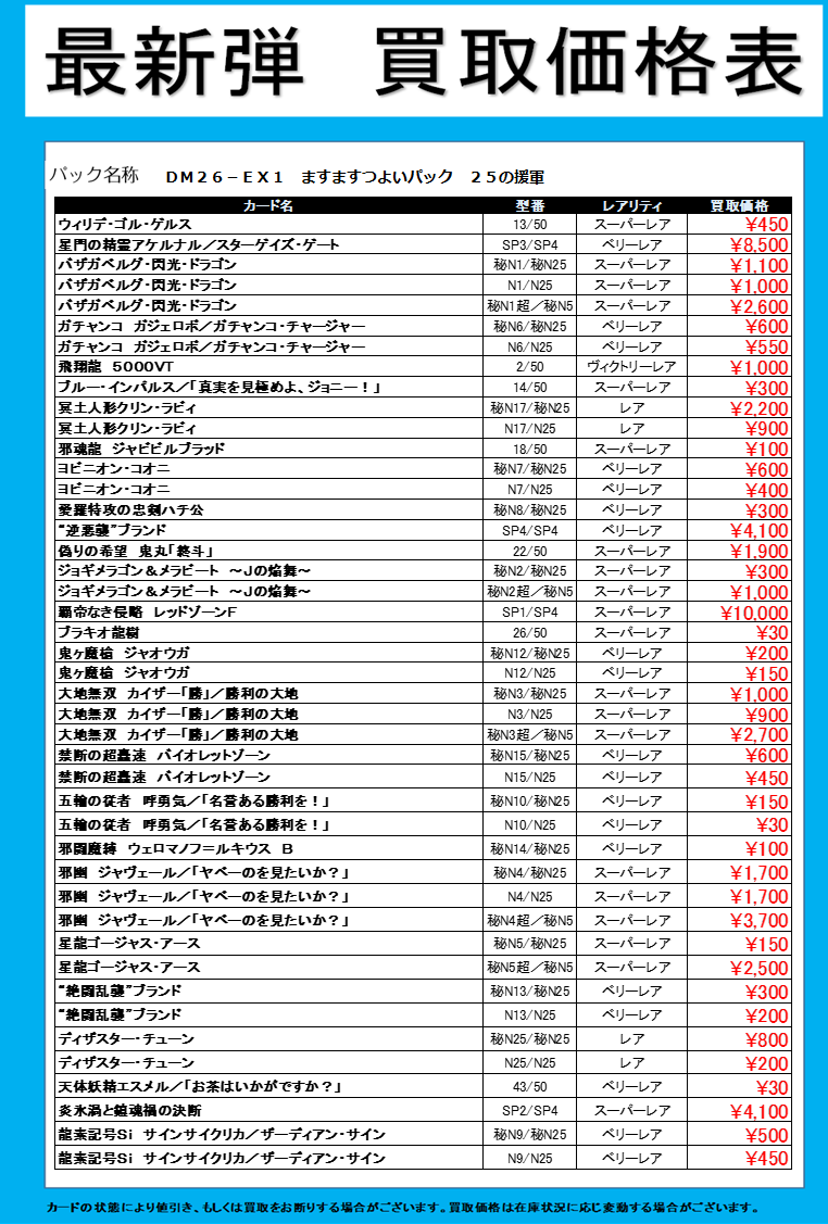 買取情報】 一時的に、 デュエルマスターズの最新弾「DM26-EX1 ます