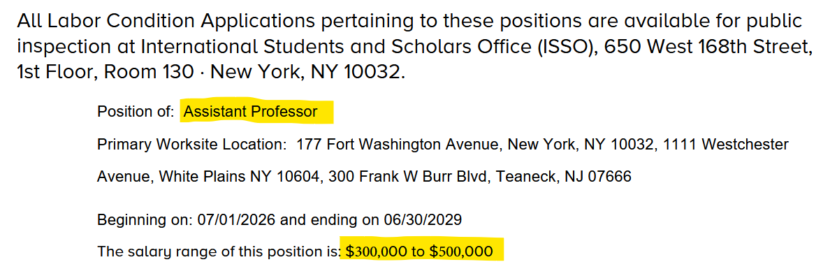 BarefootStudent's tweet photo. Columbia University Irving Medical Center intends to hire an assistant professor with a salary between $300,00 to $500,000 via the H-1B visa. 

They specifically note that "candidates have already been selected to fill the positions [sic]." https://t.co/14iRubFqrF