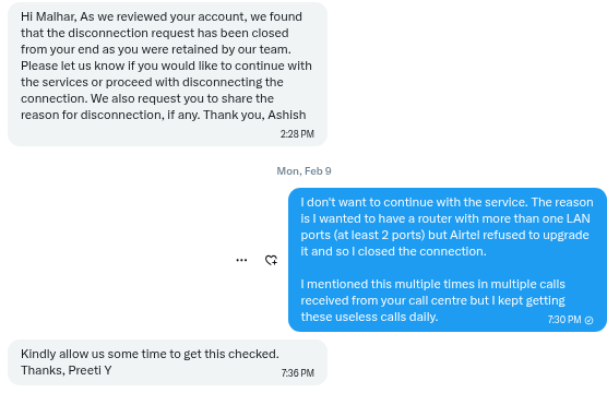 mlvora's tweet photo. 99 days and the issue is still not solved. The world class, efficient, helpful Airtel team is still figuring out after multiple complaints and conversations and yet there is no fucking resolution by @airtelindia. or this is what they do with customers. https://t.co/sMdOrDJJpX