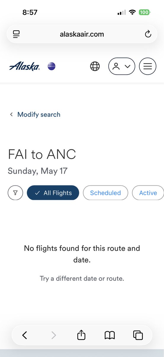 MaidenAlaska's tweet photo. @AlaskaAir 

Why why why does your mobile site do this.?  Clearly there’s a flights  from FBK-ANC and ANC to JNU https://t.co/CtQ6C5Gn4K