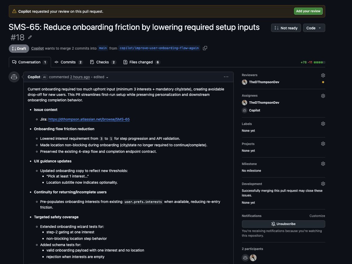 GitHub pull request created by the voice-to-Jira automation, with Copilot summarizing the implementation it made
