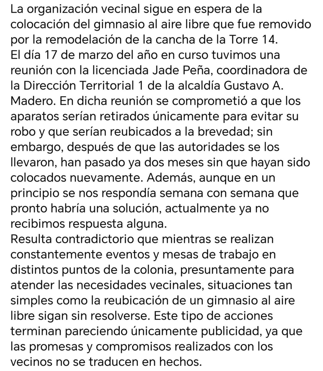 Vecinostorre14's tweet photo. La organización vecinal sigue en espera de la reinstalación del gimnasio retirado por la remodelación de la cancha de la Torre 14. A pesar de que se aseguró que sería algo provisional, ya han pasado dos meses sin solución ni respuesta por parte de las autoridades.
@TuAlcaldiaGAM https://t.co/WiSuDq5ZB6