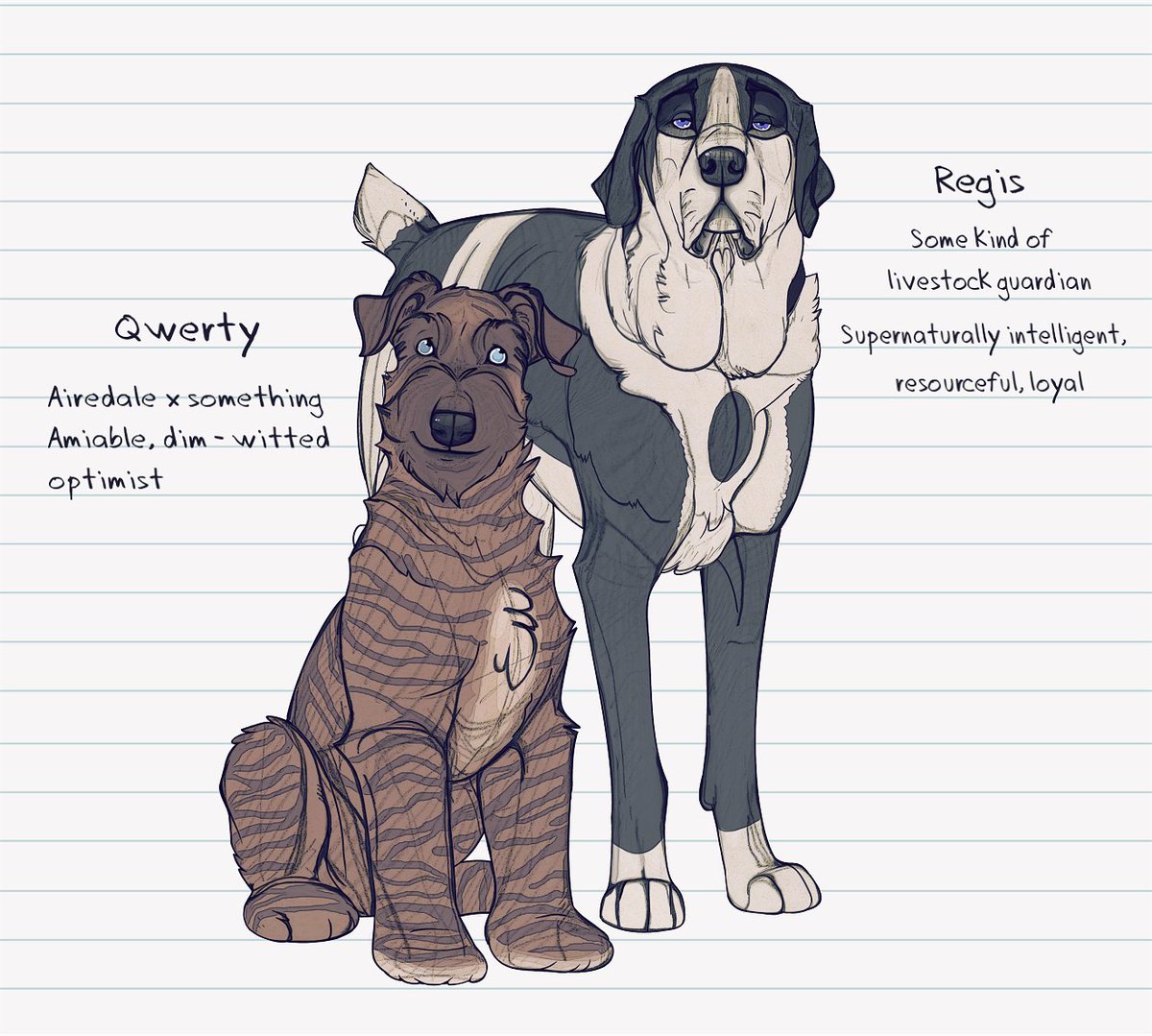 RatSauce's tweet photo. More side characters Im still getting to know. I might change Qwerty up just a little, but overall, they're mostly how I see them in my head.

#art #dogart #charactersheets #handdrawn #noai #mutts #sketches #uk #drawings #dogs https://t.co/kLWiWq76sF