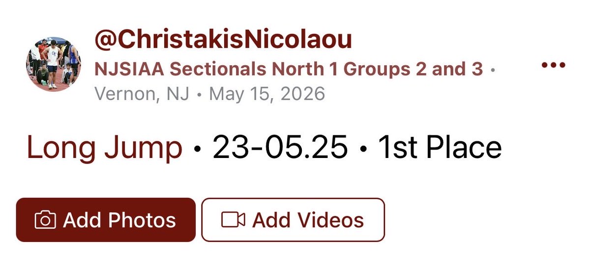 christakisn17's tweet photo. New LJ PR ‼️
23-5.25 II Group 3 North 1 State Sectionals 1st place 🥇
Also came 2nd in TJ (45-5), 5th in 110H (14.8), and 5th in 100 (11.3)
Qualified for state groups in all events
#trackandfield #football #athlete https://t.co/6ouyYySURB