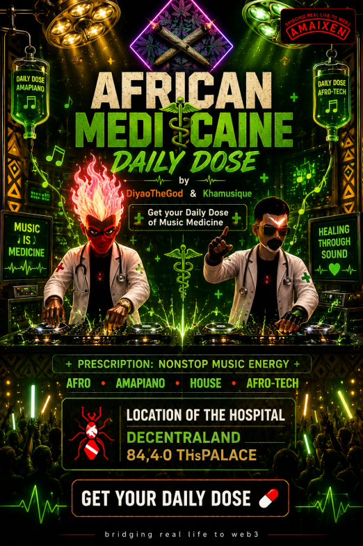 hellvetya's tweet photo. Your doctors are in. 🏥🎵
🇺🇸 06:00 ET · 🇪🇺 12:00 CET · 🇦🇷 07:00
@Trmarkets2022  & @Khamusique  are prescribing the only medicine that actually works:
 Afro · Amapiano · House · Afro-Tech Nonstop. 

Daily. In Decentraland.
The operating room is open. 

💊 Come get your Daily Dose.

https://t.co/SLw1IEK6Dg

📍 84,40 THsPalace · #Decentraland
Music Is Medicine. 💚 Healing Through Sound.
#AfricanMedicaine #DailyDose #DCL #Amapiano #AfroTech #Hellvetya #AMAIXEN