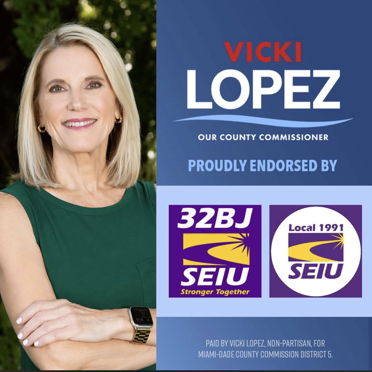 vickillopez's tweet photo. I’m proud to have the support of the hardworking members SEIU 32BJ and SEIU Local 1991. 

From healthcare professionals at Jackson to security officers, janitors, airport employees, and so many other essential service workers, these men and women deserve leaders who will fight for safer neighborhoods, economic opportunity, and a better quality of life for working families. 

I’m grateful for their support and proud to stand alongside them.