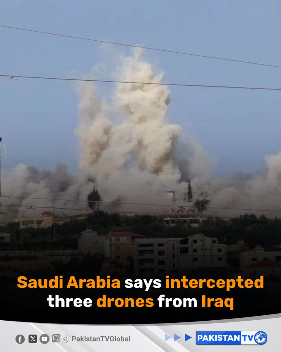 PakTVGlobal's tweet photo. Saudi Arabia said Sunday it had intercepted and destroyed three drones that had entered from Iraqi airspace.

#SaudiArabia #DroneInterception #MiddleEastSecurity #IraqiAirspace #PakistanTV https://t.co/dF1D116Aap