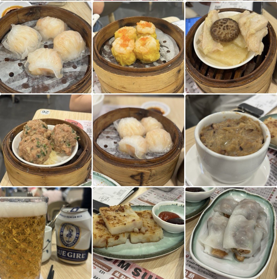 mysweet_DH's tweet photo. Day1.
📍One Dim Sum 一點心(尖沙咀)

https://t.co/FtWedwHQx7

홍콩에서 친한 홍콩현지인 언니 추천으로 간 원딤섬 (강추)

다양한 홍콩식 딤섬/요리류를 저렴한 가격에 푸지게 즐길 수 있고 맛도 당연히 보장됨❤️‍🔥

분할된 사진 속 요리를 하나하나 짧게 소개를 하자면 
1. 새우하교 ⭐️⭐️⭐️⭐️⭐️
한국에서도 많이 파는 홍콩식 새우딤섬인데 피가 얇고 부들부들한데 안에 새우 통살이 톡톡 씹히는게 호불호 전혀없고 당연히 밥상에 배치해야함

2.새우쇼마이⭐️⭐️⭐️⭐️
쇼마이도 대표적인 홍콩 딤섬 중 하나.. 조금 더 어육 느낌이 강하고 담백한 맛

3.삶은 닭가슴살요리⭐️⭐️⭐️
홍콩언니 추천으로 주문했고, 맛이 딱 하림 수비드 닭가슴살 렌지조리한거 1.5배 더 부드러운 촉감;; 간도 딱 맞아서 죄책감없이 입에 우겨넣기에 좋아영

4.돼지고기 완자요리⭐️⭐️⭐️⭐️
비리거나 느끼한 맛 하나없이 보들보들한 돼지고기 완자요리😭 배고플때 한입에 와악 집어넣고 싶을정도로 만족스러웠음(고수 다져져있어서 고수시러파는 미리 빼달라 말해야함)

5.새우하교 사진 중복..;;

6.돼지고기 덮밥(?)⭐️⭐️⭐️⭐️⭐️
비주얼적으로 생소해서 놀랐지만 홍콩언니왈 홍콩식당에서 덮밥류 시키면 많이들 이렇게 나온다고 함

보이는 그대로 다짐?육이랑 밥을 같이 찐 음식인데 홍콩 밥맛이랑 너무 잘 어울림.. 같이 준 소스랑 비벼먹어서 탄수화물을 충전해봅시다

7.블루걸 맥주⭐️⭐️⭐️⭐️⭐️⭐️⭐️
맥주처돌이는 홍콩 갈때마다 블루걸을 대짝으로 들이킴. 맛은 캘리 비슷하게 보리맛보다는 맥아맛이 더 강하고 살짝의 단맛도 느껴짐. 기름진 딤섬이랑 같이 마시면 꼴딱꼴딱 넘 맛있어용

8.무케이크⭐️⭐️⭐️⭐️⭐️
홍콩언니 최애 메뉴라고함!!! 처음 시켜보는데 이 날 첨 먹고 담날부터 식당 갈때마다 함께 주문했구요.. 어케 이걸 무로 만들었나 싶을정도로 감칠맛이 장난이 아님.
비슷한 맛을 꼽자면 잘 만든 타코야끼 속파먹는 맛?(지송합니다)

9.돼지고기창펀⭐️⭐️⭐️⭐️
전 사실 딤섬보다 창펀파인데요.. 야들야글한 길쭉한 피에 양념된 돼지고기가 많이 들어있음. 보통이 아닌 녀석인 것 같아 창펀은 여기저기 돌아다니면서 먹어보고 싶어서 별 하나뺌

서두가 길었는데 여튼 푸지게 푸파하고 왔단 뜻이니까 홍콩여행갈 때 원딤섬 추천드립니다;