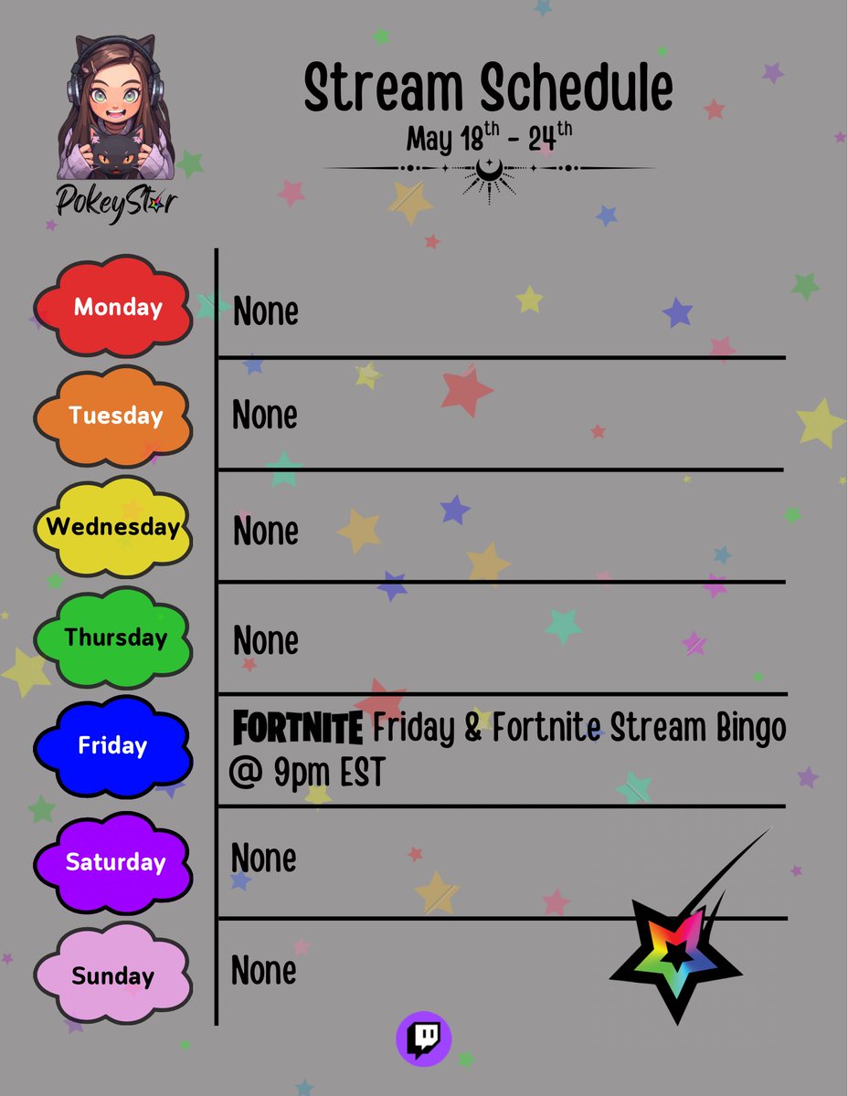 PokeyStarry's tweet photo. ❗️STREAM SCHEDULE❗️
Hello and happy Sunday! I hope you had a great weekend. 💜 As I am still recovering (though hopefully at the end of it! 🤞🏼), I wanted to keep this week as easy as I could; especially since I return to work tomorrow. That said, streams return Friday for FORTNITE FRIDAY!!! 🥳🎉 I can’t freaking WAIT to hang with you! 💜 #twitch