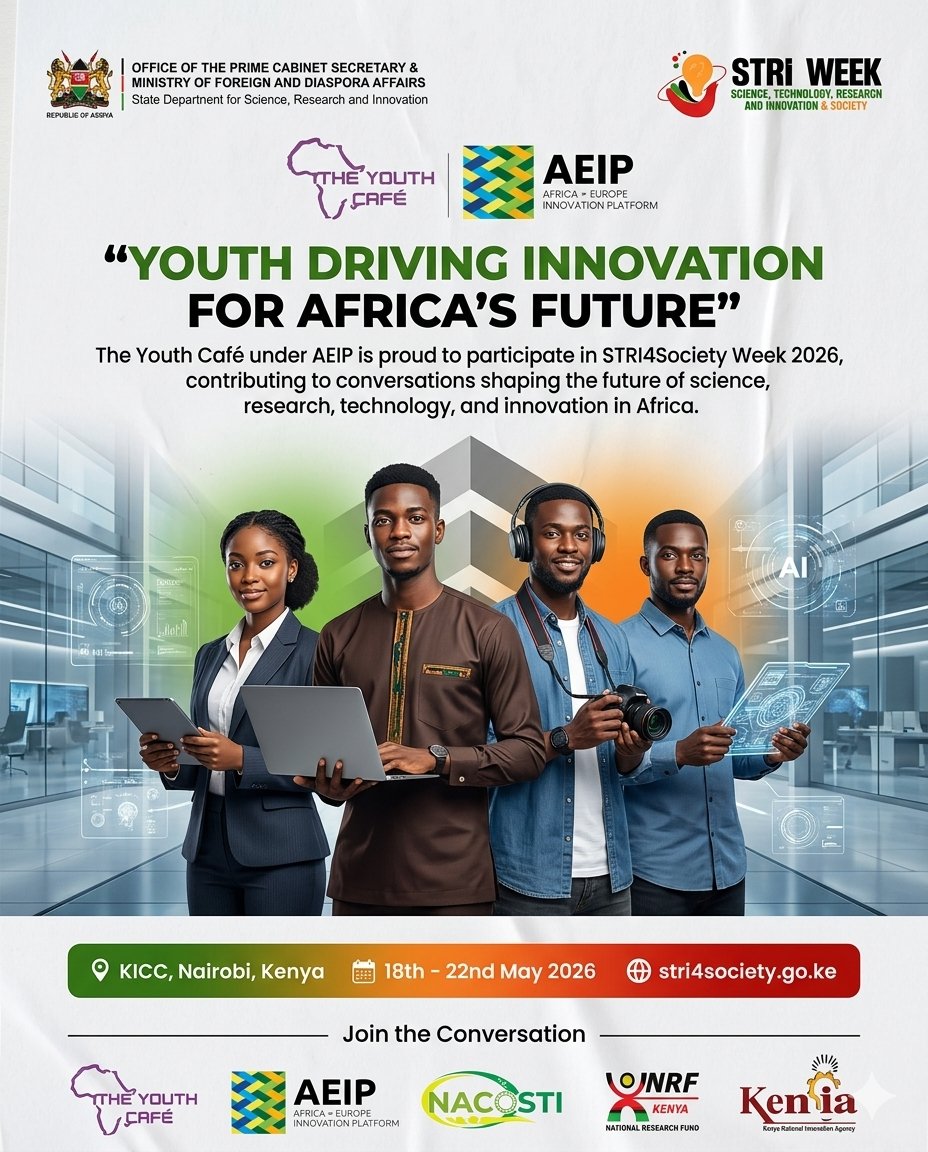 TheYouthCafe's tweet photo. We are excited to participate in 𝐒𝐓𝐑𝐈𝟒𝐒𝐨𝐜𝐢𝐞𝐭𝐲𝐖𝐞𝐞𝐤𝟐𝟎𝟐𝟔 as we continue advancing youth leadership, innovation, civic engagement, and inclusive development through meaningful collaboration and dialogue.

Under the theme “𝐈𝐠𝐧𝐢𝐭𝐢𝐧𝐠 𝐈𝐧𝐧𝐨𝐯𝐚𝐭𝐢𝐨𝐧: 𝐁𝐫𝐢𝐝𝐠𝐢𝐧𝐠 𝐒𝐜𝐢𝐞𝐧𝐜𝐞 𝐚𝐧𝐝 𝐒𝐨𝐜𝐢𝐞𝐭𝐲 𝐟𝐨𝐫 𝐒𝐮𝐬𝐭𝐚𝐢𝐧𝐚𝐛𝐥𝐞 𝐃𝐞𝐯𝐞𝐥𝐨𝐩𝐦𝐞𝐧𝐭,” the inaugural STRI4Society Week creates an important platform bringing together researchers, innovators, policymakers, industry leaders, academia, and young people to explore how science, technology, and innovation can drive practical solutions for communities and national development. 

STRI4Society Week is being delivered through a strategic collaboration between key national institutions and ecosystem partners. They include; the State Department for Science, Research and Innovation, the National Commission for Science and Technology (NACOSTI), the National Research Fund Kenya, and the Kenya National Innovation Agency (KeNIA), whose roles strengthen the policy and research foundations of the convening.

The event is further supported by a strong lineup of sponsors spanning energy, finance, conservation, trade, and development sectors, including Vivo Energy, KCB Bank Group, New KCC Ltd, GS1 Kenya, Busara, Kenya Wildlife Service (KWS), Foreign and Commonwealth Office, HERI AFRICA, Cashia, Kenya BioVax Institute Limited, International Centre for Humanitarian Affairs, Wyss Academy for Nature, as well as energy-sector contributors including nuclear power and energy stakeholders, alongside Science for Africa Foundation. 

At The Youth Café, we believe young people are not just beneficiaries of innovation, but key drivers of transformation. Participating in STRI4SocietyWeek2026 reflects our commitment to advancing youth engagement in governance, innovation, climate action, entrepreneurship, and sustainable development across Africa.

We are excited to engage in conversations around STEM education, emerging technologies, partnerships, and inclusive innovation while contributing to efforts that connect knowledge and innovation to real societal impact for a more sustainable and inclusive future.
#STRI4SocietyWeek2026 #Innovation #YouthLeadership #STEM #Research #Technology #SustainableDevelopment #YouthInnovation #AfricaRising #Policy #DigitalTransformation #ClimateAction #TheYouthCafe #ScienceForSociety