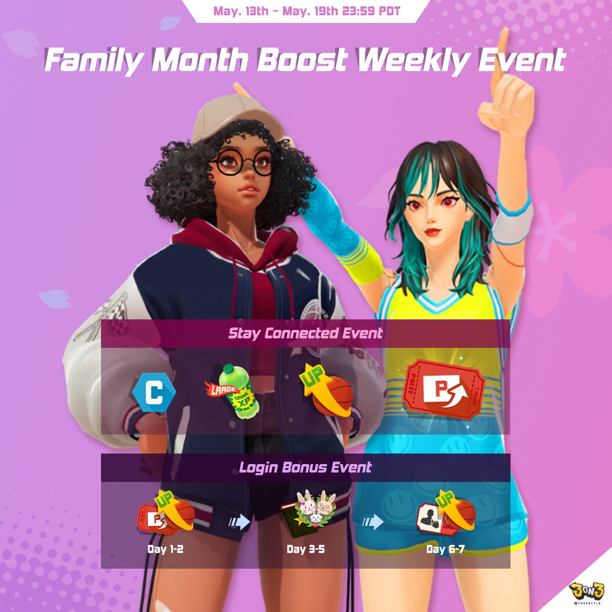 3on3FreeStyle's tweet photo. Join the Family Month celebration! Log in daily and grab a lineup of rewards waiting for you!🌸

📅 Event: 05/13 - 05/19 23:59 (PDT)

#3on3freestyle #streetbasketball #videogame https://t.co/wCKbOPZkoL