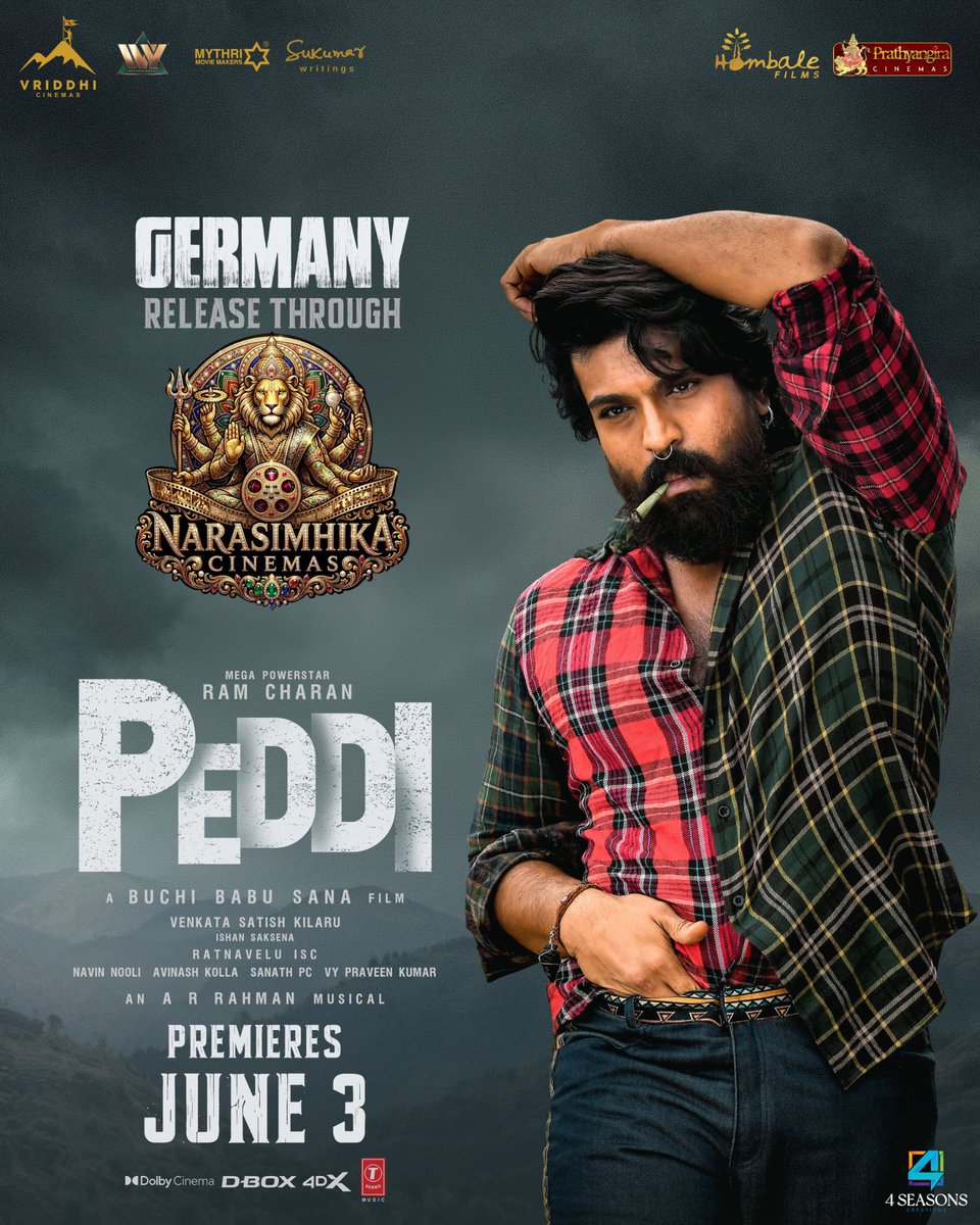 CherryGopal5's tweet photo. When Grit Shows Up… Glory Takes Over 🔥

#PEDDI - GERMANY release through @NarasimhikaCine ❤️‍🔥

Grand PREMIERES On 3rd JUNE 💥

North America By @PrathyangiraUS
UK, Europe, AUS-NZ-Fiji By @PrathyangiraUS

@AlwaysRamCharan @NimmaShivanna #JanhviKapoor @BuchiBabuSana @arrahman https://t.co/7NnwIXPABV